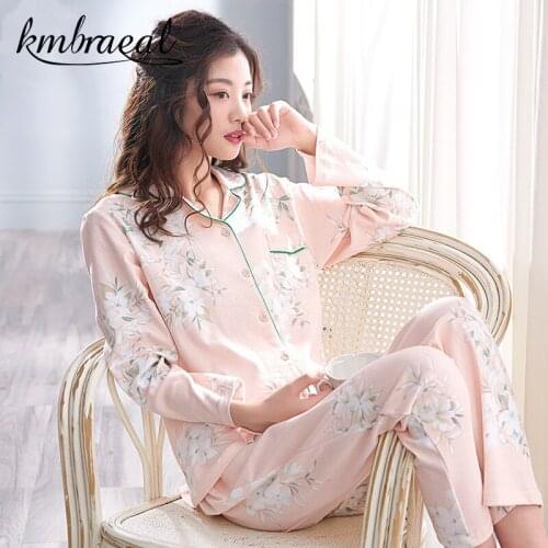 Women Pajama Pure Cotton Long Sleeves The Spring and Autumn Female Leisure Contracted Thin Sleepwear Leisurewear Suit Big Yards