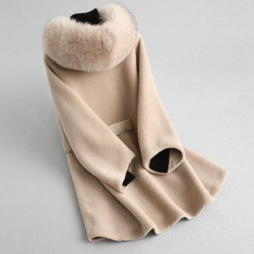 Real Winter Jacket Women Fox Collar Sheep Shearling Fur Jackets 100% Wool Coat Female Suede Leather MY3848