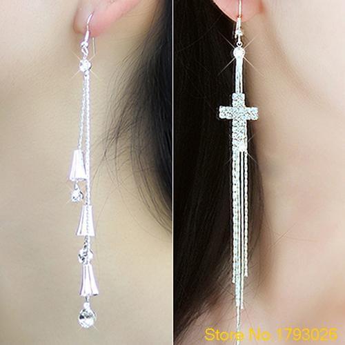 Women Wedding Party Rhinestone Drop Long Tassels Bell Cross Linear Earrings 4TO3
