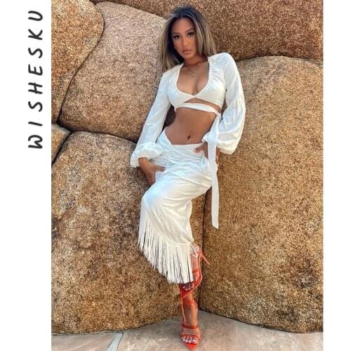 Women Sexy V Neck Long Sleeve Bandage Top+High Waist Irregular Fringed Skirt Two Piece Set Beach Party Club Outfits 2021 Autumn