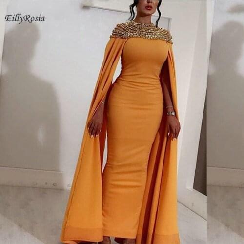 Yellow Arabic Evening Dress 2019 with Cape Crystals Sparkly Neckline Satin Sheath Ankle Length ladies gown robe ceremonie femme