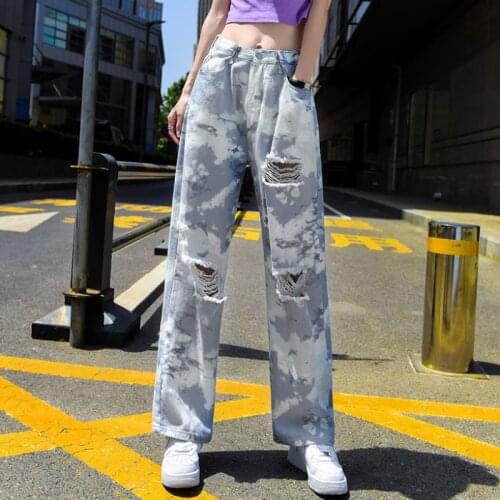 Zoki Tie Dye Fashion Women Baggy Wide Leg Jeans Summer Hole Streetwear High Wasit Straight 100% Cotton Denim Pants Ripped Jeans
