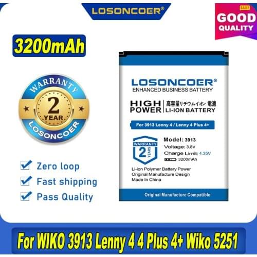 100% Original LOSONCOER 3200mAh Battery For WIKO 3913 Lenny 4 / WIKO Lenny 4 Plus 4+ Wiko 5251 For DEXP Ixion B350 Battery