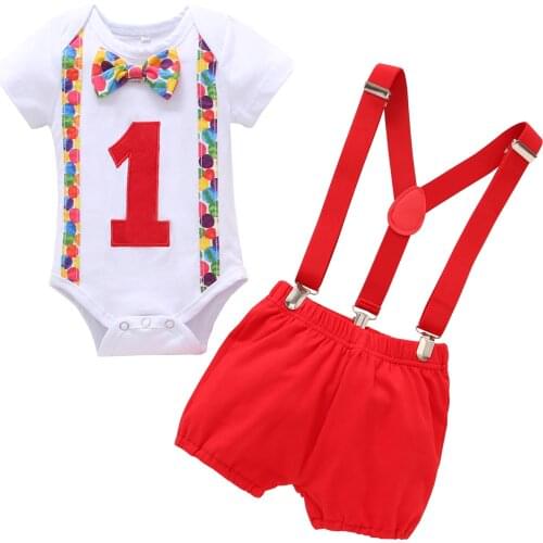 2Pcs Infant Summer Outfits Toddler Cartoon Number Pattern Short Sleeve Round Neck Bodysuit with Bowknot Overalls
