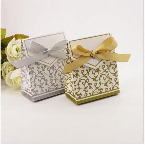 Free shipping 100pcs Gold Ribbon Gift Paper Bags Engagement Anniversary Wedding Party Cake Favor Favor Gift Boxes wedding decor