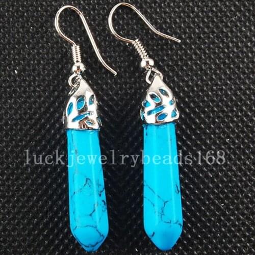 Free Shipping Women Fashion Jewelry Blue Howlite Pendulum Earrings Pair C3113