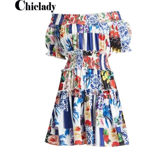 CHICLADY Fashion Runway Cotton Dress Women Slash Neck elastic Waist Ruched Floral Print Elegant Summer Ladies Mini Dresses mujer
