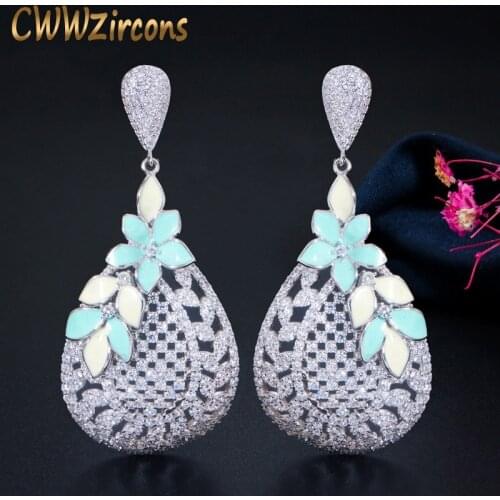 CWWZircons Natural Element Long Enamel Leaf Drop Cubic Zircon Wedding Earring for Women Elegant Vintage Brides Jewelry CZ682