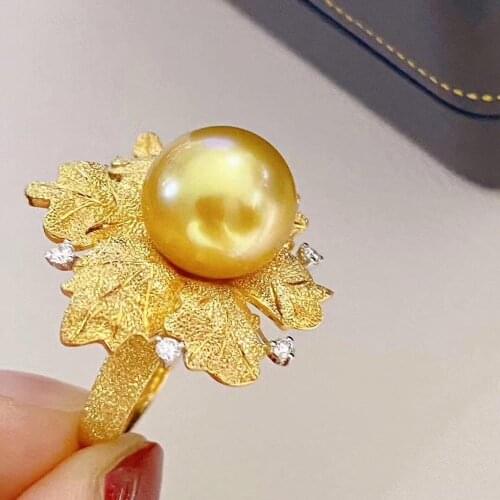 D327 Pearl Ring Fine Jewelry 925 Stelring Silver Natural 11-12mm Fresh Water Golden Pearls Females Rings