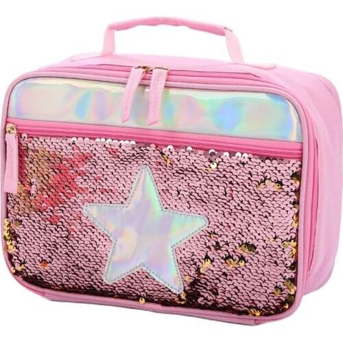 Sequins Lunch Bag Striped Polyester Food Bag for Women Kids Oxford Cloth Insulated Box Picnic Bag School Children Shoulder Bags