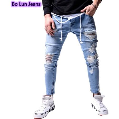 Jeans Men Ankle Zipper Jeans Ripped Skinny Jeans Side Stripe Hip-Hop Casual Pants Stretch Elastic Waist Denim Pants