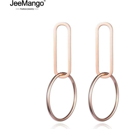 JeeMango Womens Fashion Geometric Round and Square Rose Gold Titanium Steel Womens Earrings Party Accessories JE17054