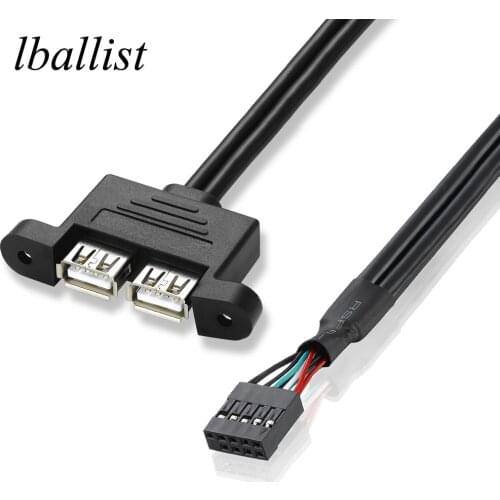 Lballist Motherboard 9Pin Header to Dual USB 2.0 Female Data Cable With Screw Panel Mount 30cm 50cm