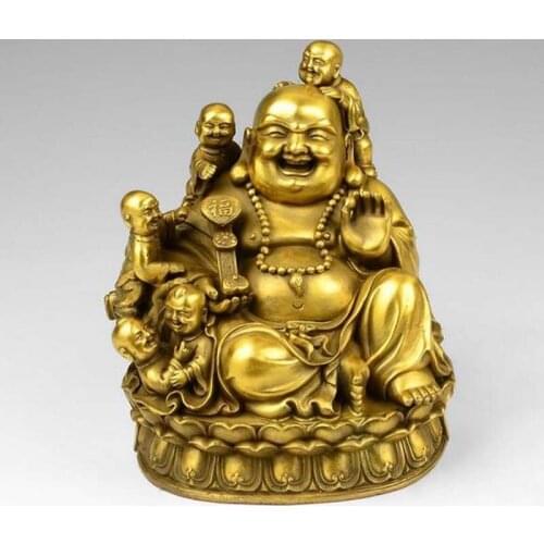 Chinese brass Maitreya Buddha and five children play happily