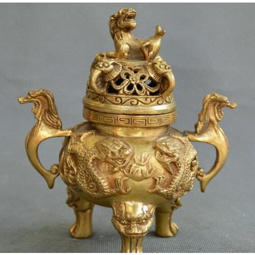 China fengshui old Bronze dragon beast Opera beads Statue incense burner censer