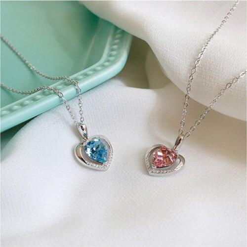 Real 925 sterling silver heart pendant necklace neck chains, cute love pink crystal necklaces for women jewelry