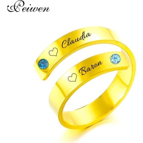 Personalized Birthstone Ring Engraved 2 Name Custom Promise Ring Anniversary Jewelry For Women Couples Stainless Steel Rings