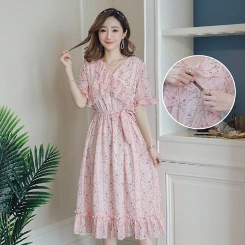 Short Sleeve Maternity Dresses Summer Pink Chiffon Nursing Dress Floral Long Dress for Pregnant Women Breastfeeding Summer Dress