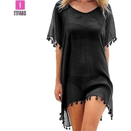 Sexy V-neck Tassels Beach Wear Women Swimsuit Cover Up Swimwear Bathing Suits Summer Mini Dress Loose Solid Cover Ups