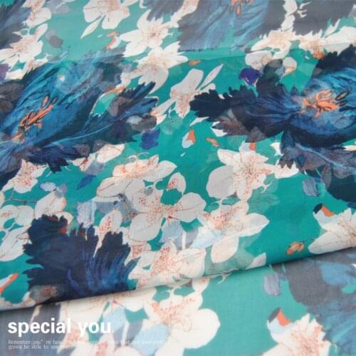 Silk Georgette Chiffon Fabric Dress White flower Blue Green Bottom Flowers 100% soft Thin Dress Skirt Scarf 50cm