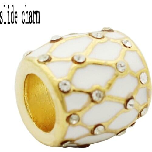 Slide charm Free shipping white enamel white crystal nets gilded egg charm beads fit Pandora bracelet