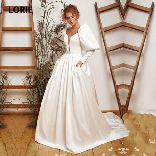 LORIE Victoria Puff Sleeve Wedding Dresses V-Neck Long Satin Ball Gown Wedding Gown Corset Bride Dress 2021 hochzeitskleid