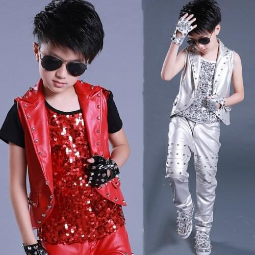Boys Hip Hop Dance Costumes Rivet Leather Jacket Pants Children Stage Outfits Jazz Performance Clothing Street Dancewear DN4980
