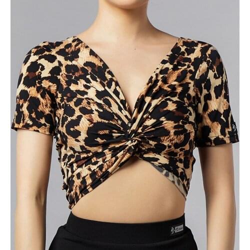 Latin Dance Clothes New Leopard Print V-Neck Strap High Waist Tops Female Adult Latin Dance Practice Clothes Dance Wear DN9301