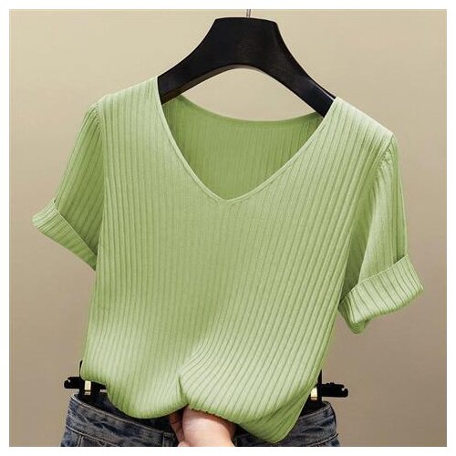 Green beauty Summer Thin Ventilation Office Lady Cloth Women T-shirts Knitting Crop Short Sleeve Stretchy T-shirt Ice silk Tops