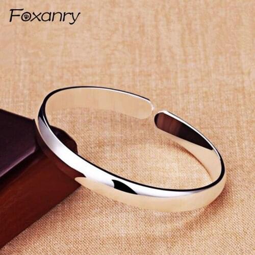 Foxanry 925 Sterling Silver Terndy Couples Cuff Bangles & Bracelet Simple Smooth Bracelet Jewelry for Women Size 64mm Adjustable