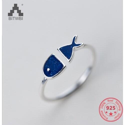 925 Silver Ring Female Korean Cute Blue Small Fish Ring Simple Personality Open Ring Female