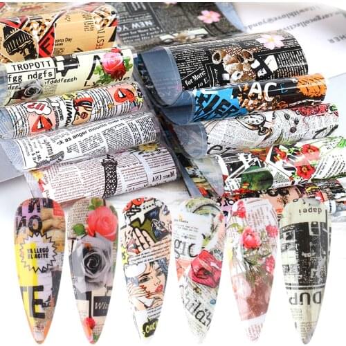 10pcs Newspaper Print Nail Art Transfer Foil Cool Lettering Stickers For Nails Summer Designer Sliders Decal Decoration LA5114