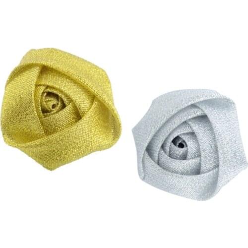 10Pcs/Lot Handmade DIA 5Cm Gold Silver Color Ribbon Fabric Rose Artificial Flower Wedding Bouquet Flower Cloth DIY Accessoires
