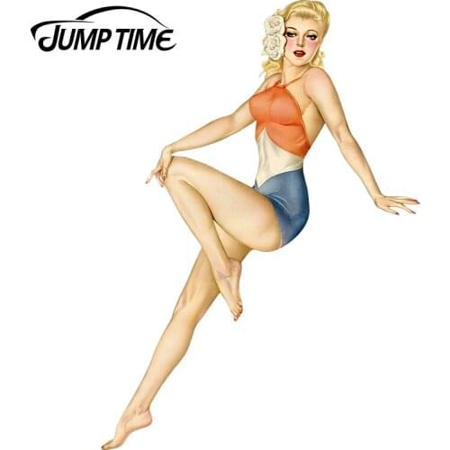 JumpTime 13cm x 9.1cm Car Sticker Hot Pinup Lady Girl Denim shorts Vinyl Wrap Sexy Girl Car Yintage Decal Racing Waterproof