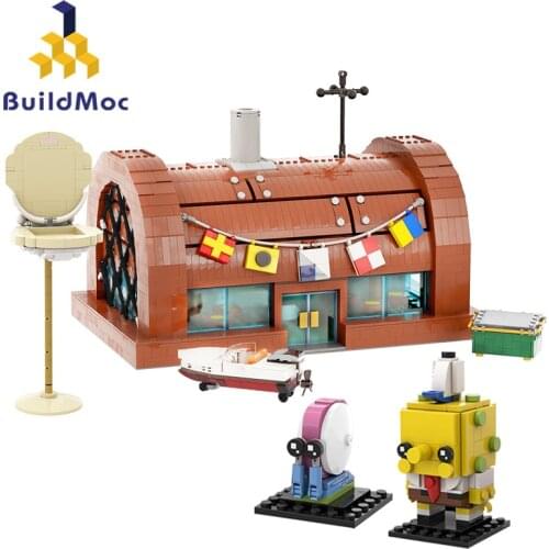 Buildmoc Creative Cartoon SpongeBobed Krustys Krabs Captain Eugeneed Restaurant City House Architecture Building Blocks Toy Gift