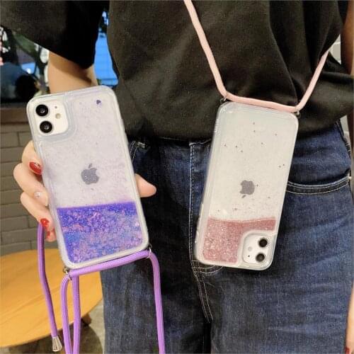 Sequins Quicksand Rope Case For iPhone 12 mini 11 Pro Max XR X XS Max 8 7 6 6S Plus 5 5s SE Lanyard Dynamic Liquid Glitter Cover