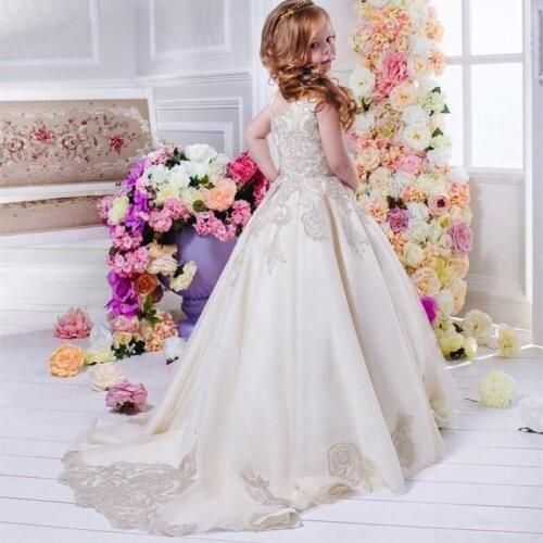 Floral Lace Flower Girl Dresses For Wedding Girls Pageant Ball Gowns Long Train Beautiful Little Kids Formal Party Wear