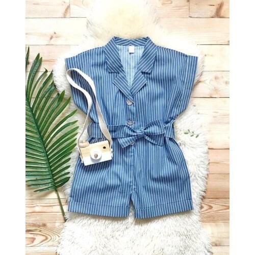 1-6Y Kids Girl Striped Rompers Summer Fashion Lapel Bow Belt Waist Cotton Linen Playsuit Toddler Baby Girl Short Sleeve Jumpsuit