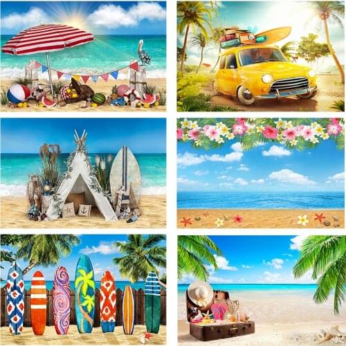 Sea Beach Photography Backdrop Summer Picnic Portrait Background Photo Studio Aloha Party Decoration Props Blue Sky Palm Trees