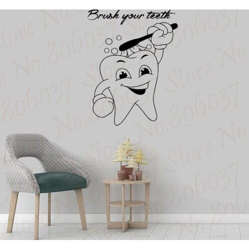 Dentistry Wall Sticker Brush Your Teeth Quotes Vinyl Cute Tooth Wall Decal For Bathroom Waterproof Wall Decals Kids WL790