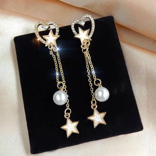 2021 new five-pointed star earrings female heart-shaped fashion and elegant long pearl pendant alloy earrings Women jewelry