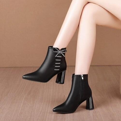 Sexy Bowknot Pointed Toe Ankle Boots Women Pumps Winter Thick Heel Casual Boots Solid Color Women Shoes Zapatillas Mujer 2021