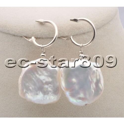 P6767 Huge 25mm White Baroque Coin Keshi Pearl Dangle Earring 925silver