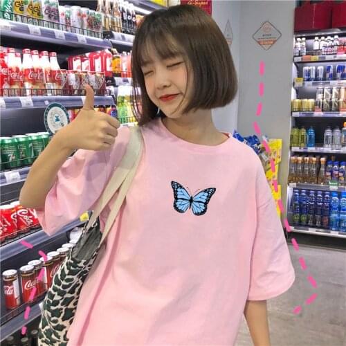 Butterfly print fun plus size Ulzzang loose fashion tees casual summer short-sleeved female fun cute O-Neck Vintage tops T-shirt