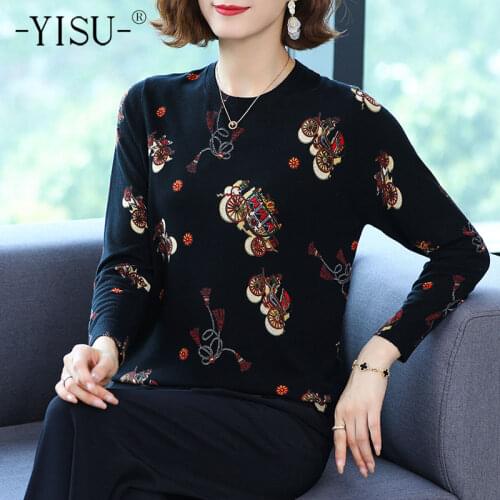 YISU Loose Wool Sweater Jumper O-Neck Fashion Printing tops Long sleeves Loose Female Casual Knitted pullover Women clothing