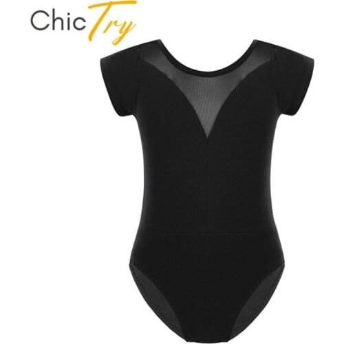 ChicTry Girls Short Sleeve Professional Ballet Leotard Kids Mesh Splice Gymnastics Leotard Bodysuit Children Practice Dance Wear
