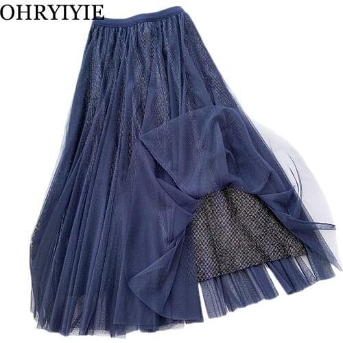 OHRYIYIE Vintage Tulle Skirt Women Autumn Winter New Elastic High Waist Tutu Skirt Female Elegant Long Pleated Skirt Jupe Longue