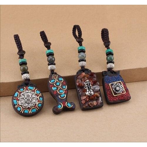 Vintage Nepal Thangka Buddha/OM Sign/Fish/Pixiu Car Ornament Keychain Pendant Wood Lucky Animal Key Chain Rings Hanging Jewelry