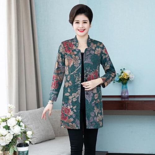 Women Windbreaker Stand-up Collar Shirt 2021 Spring Autumn New Mid-Length Tops Noble Temperament Printing Female Trench Coat W65