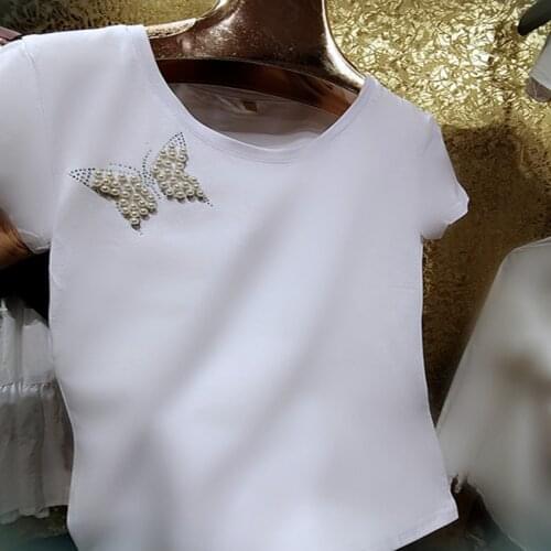 Plus size 9XL!Fashion summer pearl beading cotton t-shirt women short sleeve slim top tees